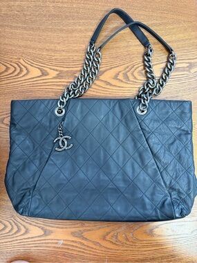 CHANEL Black Quilted Leather Tote with Chain-Strap and CC Charm